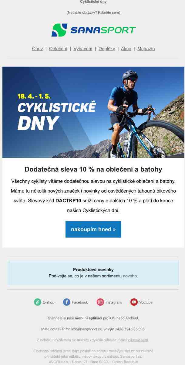 Cyklistické oblečení a batohy budou ještě o 10 % levnější