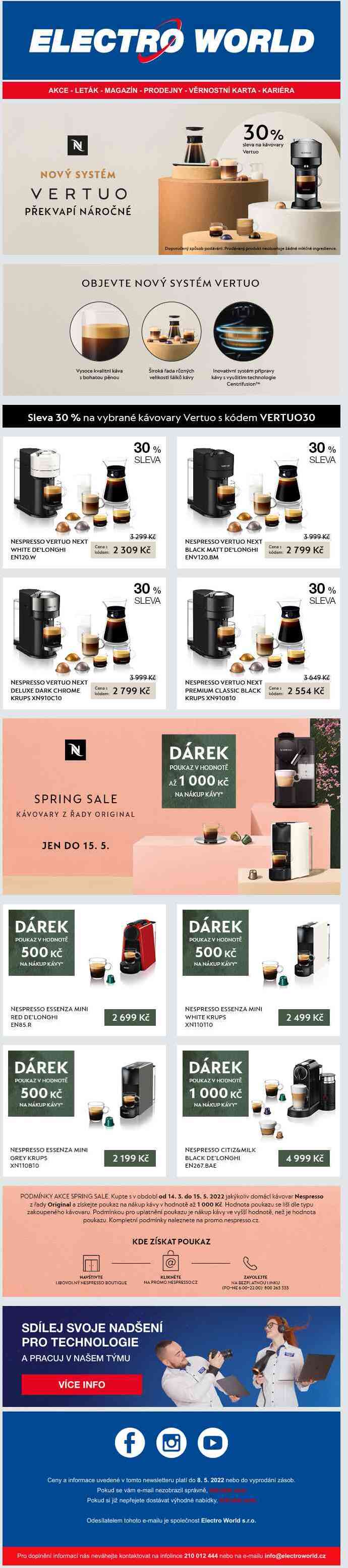 Dodatečná sleva 30 % na kávovary Nespresso Vertuo nebo poukaz na kávu k řadě Original.