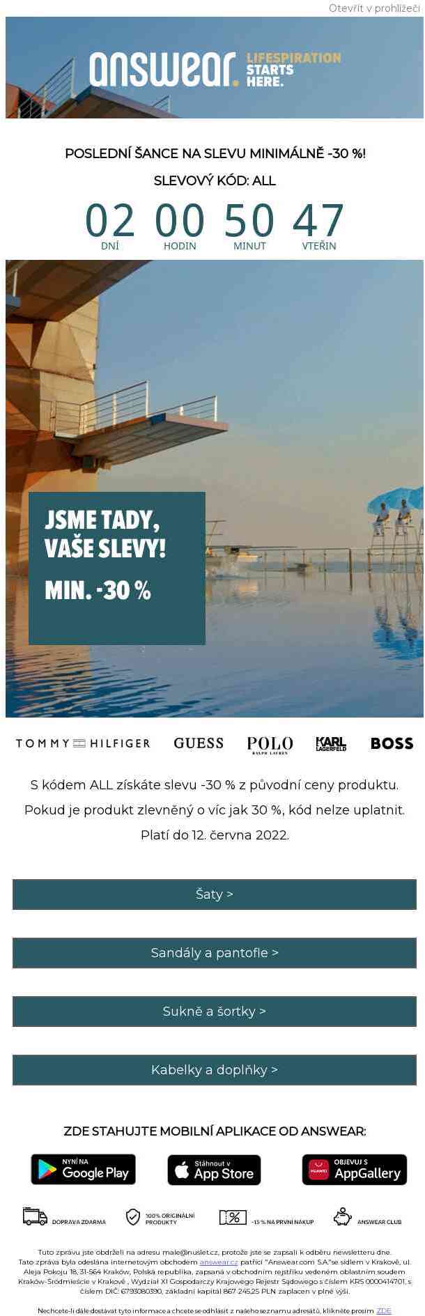 SLEVY MINIMÁLNĚ -30 %! Končíme zítra o půlnoci! ⏰