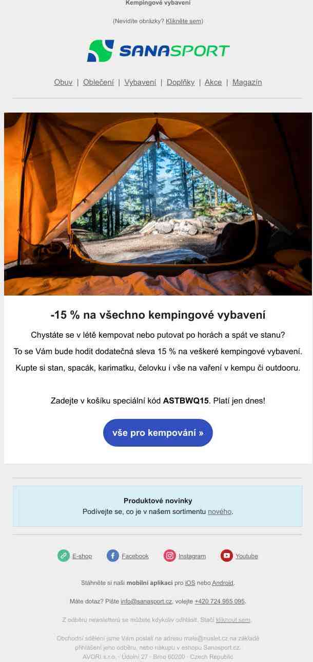 Stany, spacáky, karimatky a mnoho dalšího o 15 % levněji