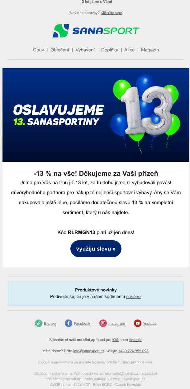 Slavíme 13. Sanasportiny a máme pro Vás -13 % na vše