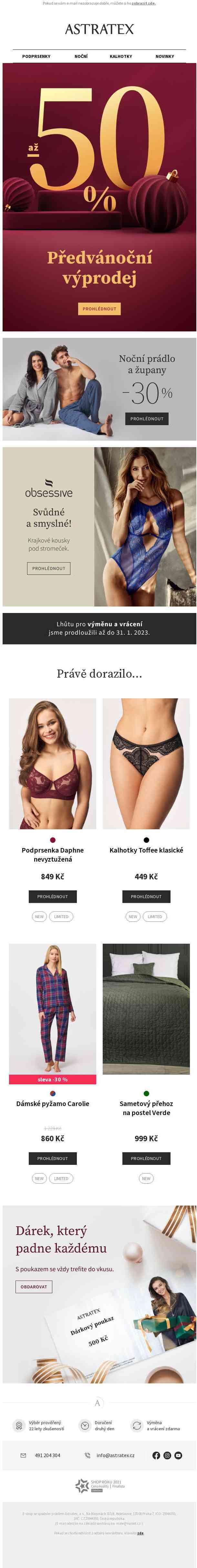 Bohatý předvánoční výprodej a −30 % na noční prádlo a župany.