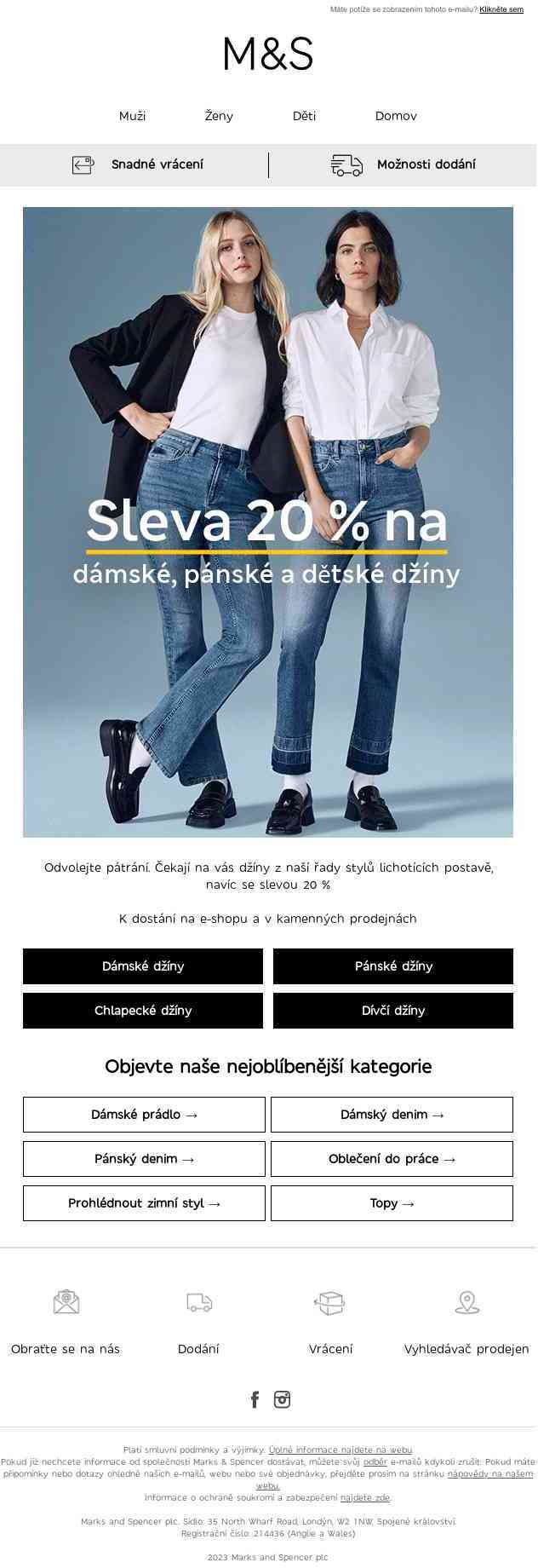 Sleva 20 % na dámské, pánské a dětské džíny