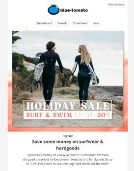 Save up to -50 % on surfwear & hardgoods