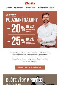 20 % na vše pouze dnes v prodejnách Baťa!