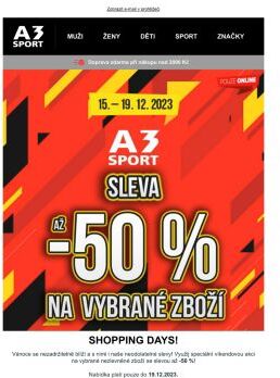 Využijte SHOPPING DAYS slev v e-shopu A3 Sport na vybrané produkty až do -50 %!