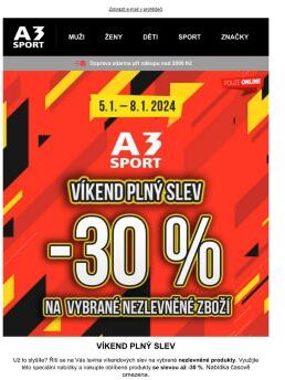 VÍKEND PLNÝ SLEV v e-shopu A3 Sport na vybrané nezlevněné produkty až -30 %!