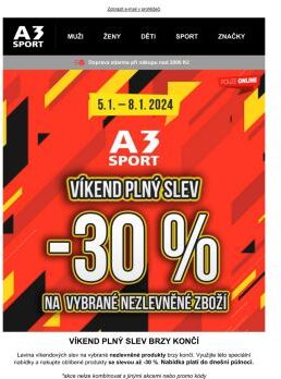 VÍKEND PLNÝ SLEV v e-shopu A3 Sport na vybrané nezlevněné produkty až -30 % JEN DNES!