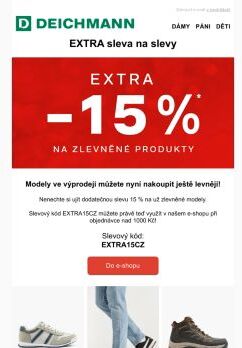 EXTRA sleva 15 % na celý výprodej. Kód uvnitř 📩💥