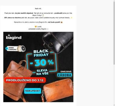 Black Friday pokračuje! 💣 30% sleva na vše stále platí ⏳