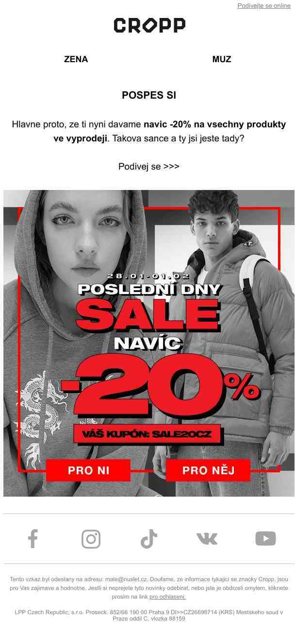 Poslední dny ⏰ A navíc -20% na všechny produkty ve výprodeji