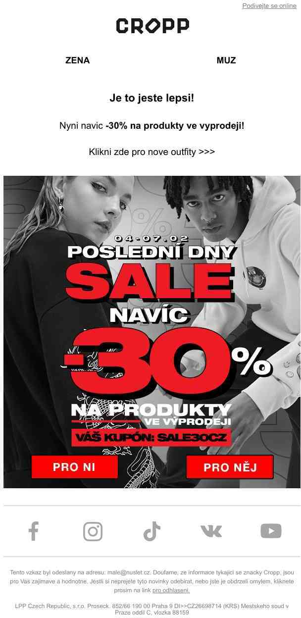 Newsletter ✂ Poslední dny výprodeje a navíc -30% sleva na všechny produkty ve výprodeji ✂