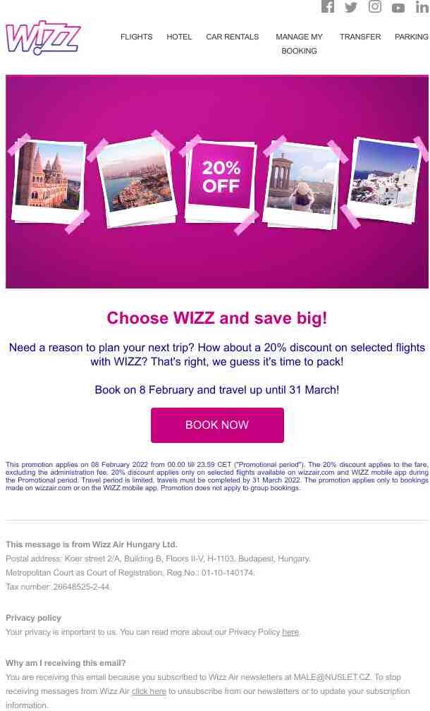 Get 20% OFF on selected flights with WIZZ