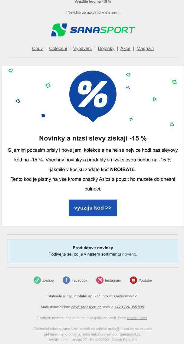 -15 % na všechny novinky a nezlevněné produkty